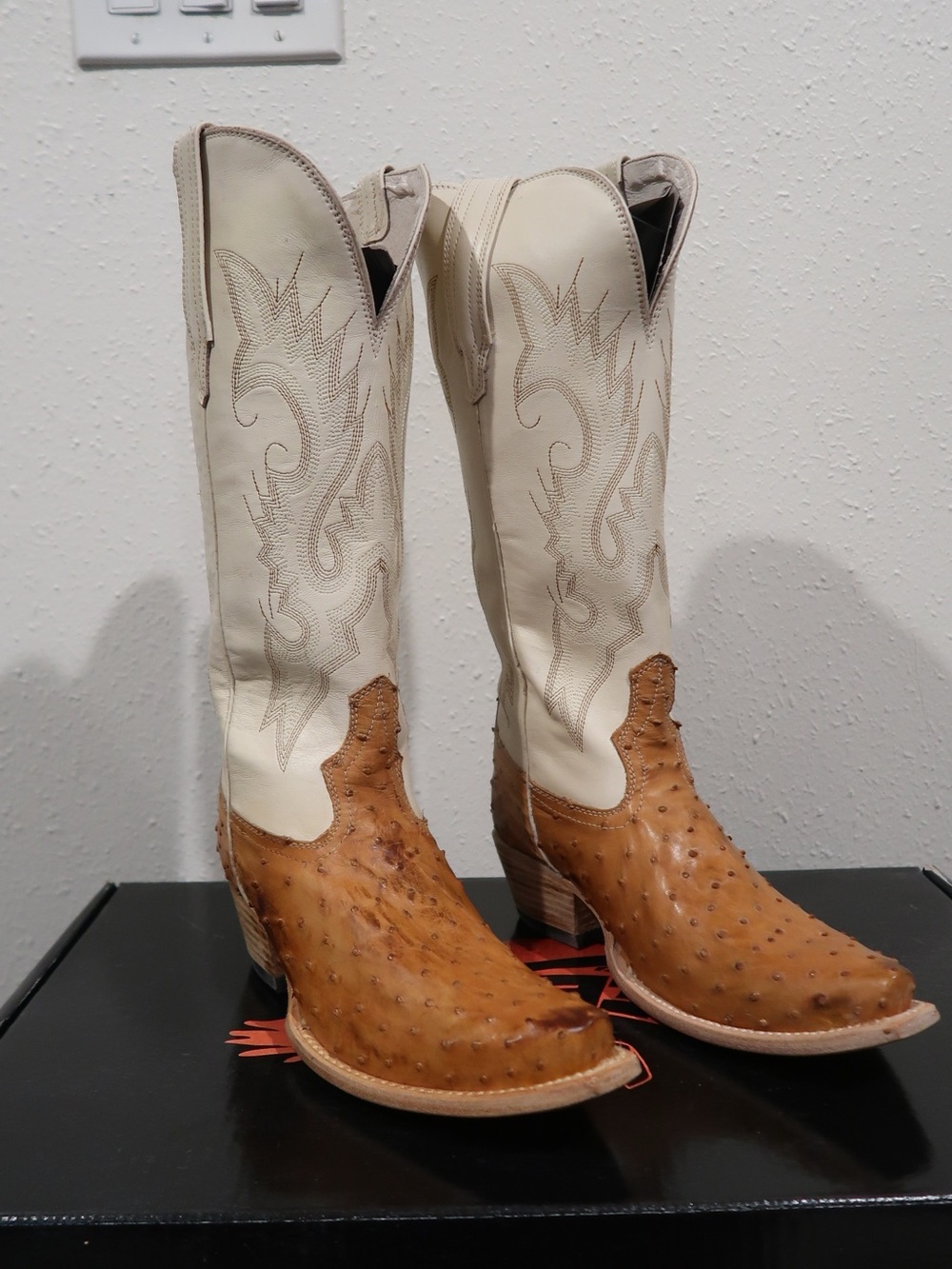 freebird Tan and Cream Ostrich-Textured Leather Cowboy Boots